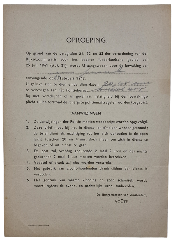 Original WW2 Dutch LBD Document - Luchtbeschermingsdienst forced guard service, Amsterdam (1942)