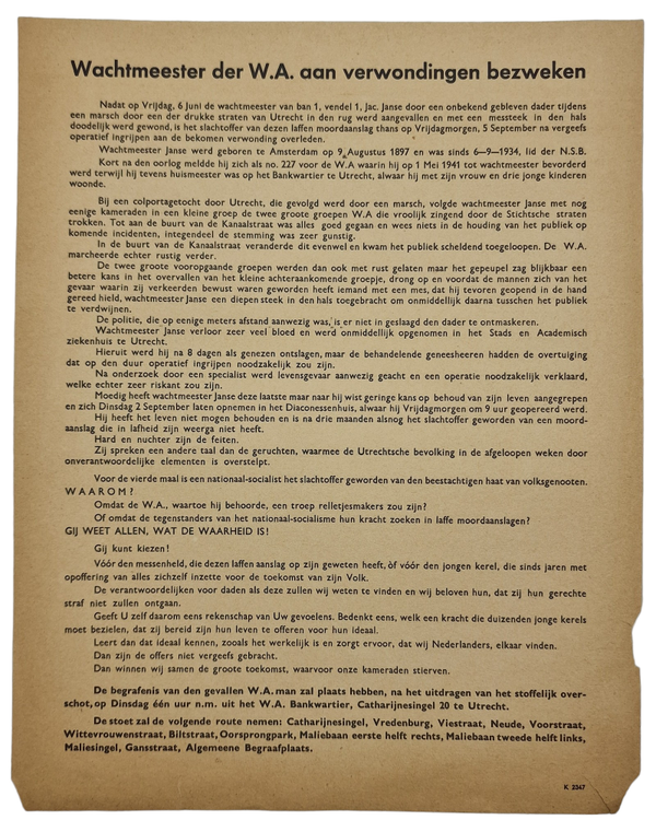 Original WW2 Dutch Collaboration Document - Flyer about the death of WA man Jacob Janse, Utrecht (1941)