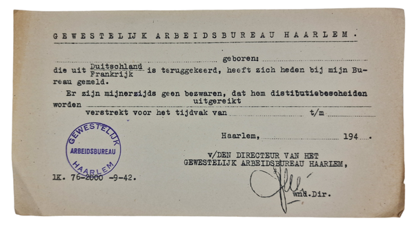 Original WW2 Dutch Document - Arbeidsbureau Haarlem ausweis (1942)
