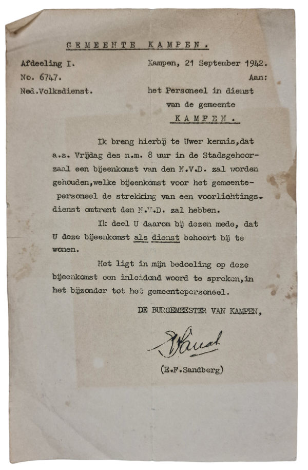 Original WW2 Dutch Collaboration NVD Document - Nederlandsche Volksdienst Kampen (1942)