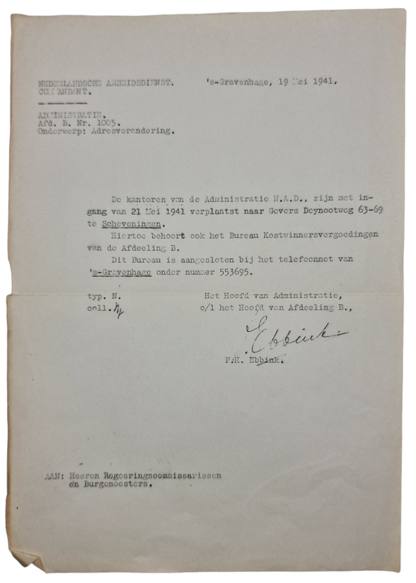 Original WW2 Dutch Collaboration NAD Document - Nederlandsche Arbeidsdienst address change, Scheveningen (1941)
