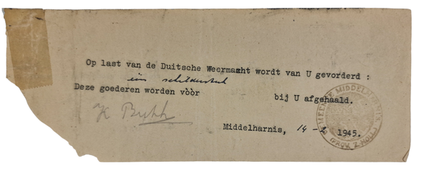 Original WW2 Dutch Document - German Wehrmacht claimed goods, Middelharnis (1945)