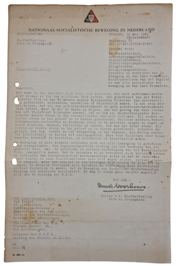 Original WW2 Dutch NSB Collaboration Document - Voorschrift Ernst Voorhoeve (1942)