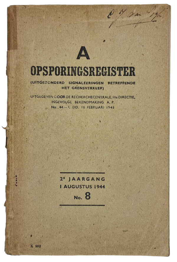 Original WW2 Dutch Police Book - Police Search Register, A Opsporingsregister 2e Jaargang 1 Augustus (1944)