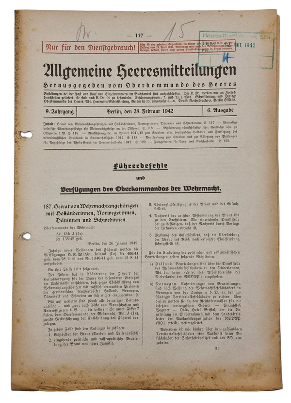 Original WW2 German Document - Allgemeine Heeresmitteilungen, 9th year No. 6, Marriage German soldiers with foreign women, Heeres-Kraftfahrpark 559, Hengelo (1942)