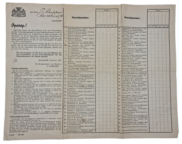 Original WW2 Dutch Document - Forced guard service, Haarlem (1943)