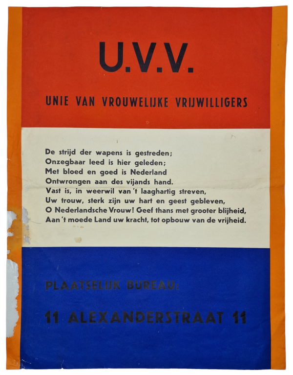 Original WW2 Dutch Liberation Poster - UVV Unie van Vrouwelijke Vrijwillligers, The Hague (1945)