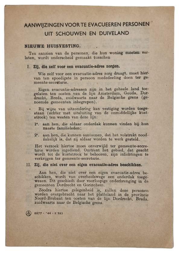 Original WW2 Dutch Document - Evacuation information of Schouwen en Duiveland, Zeeland (1944)