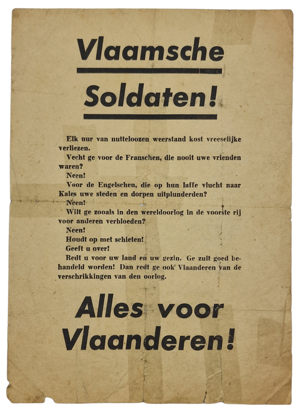 Original WW2 German Leaflet - Vlaamsche Soldaten! Alles voor Vlaanderen! (1940)