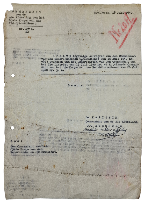 Original WW2 Dutch Collaboration Document - Opbouwdienst letter, JH. G. Berghuijs, Apeldoorn (1940)