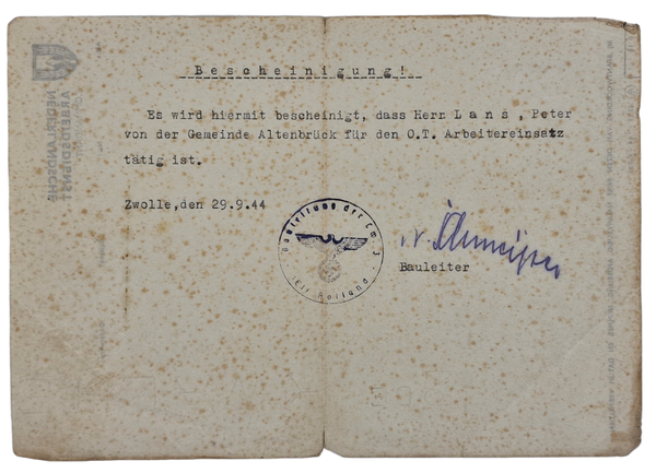 Original WW2 Dutch Collaboration Document - Bescheinigung OT Arbeitereinsatz Altenbrück, Zwolle (1944)