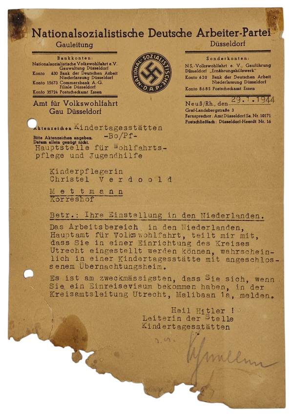 Original WW2 Dutch Collaboration Document - NS Volkswohlfahrt Kreis Utrecht, Mettmann (1944)