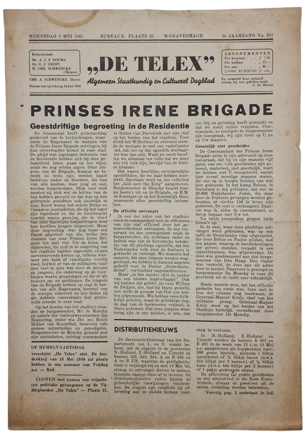 Original WW2 Dutch Resistance Newspaper - Liberation edition De Telex, The Hague (1945)