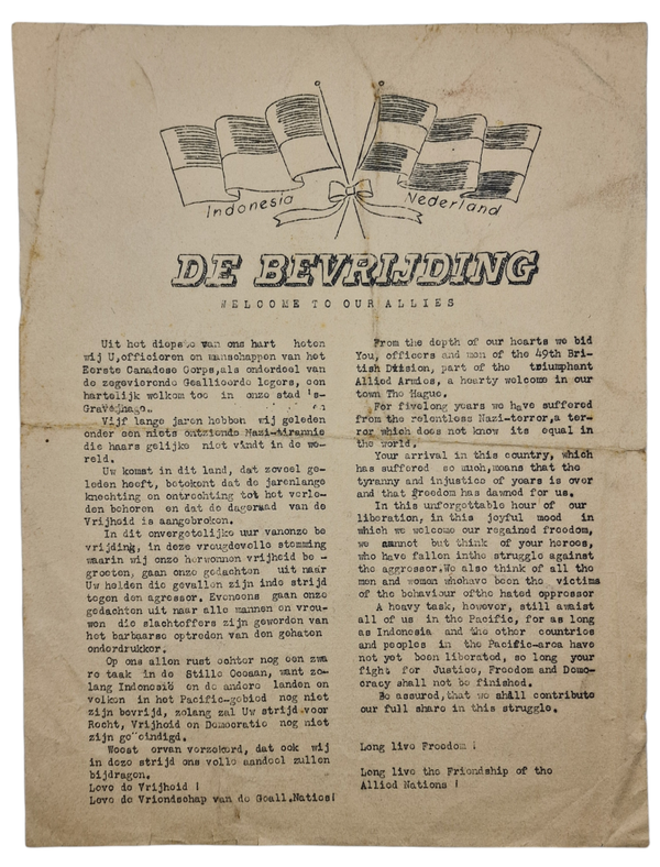 Original WW2 Dutch Liberation Document - De bevrijding Welcome to our allies, The Hague (1945)