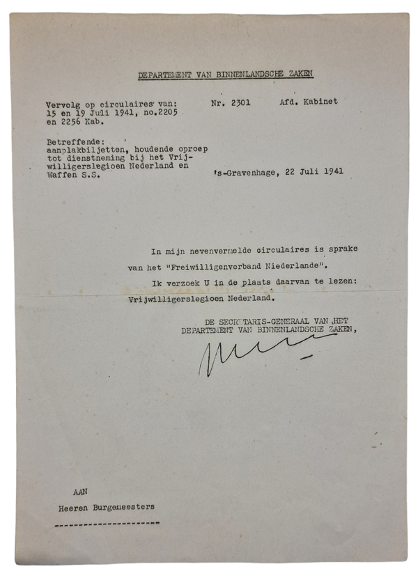 Original WW2 Dutch Waffen SS Document - Letter Freiwilligenverband Niederlande = Vrijwilligerslegioen Nederland (1942)