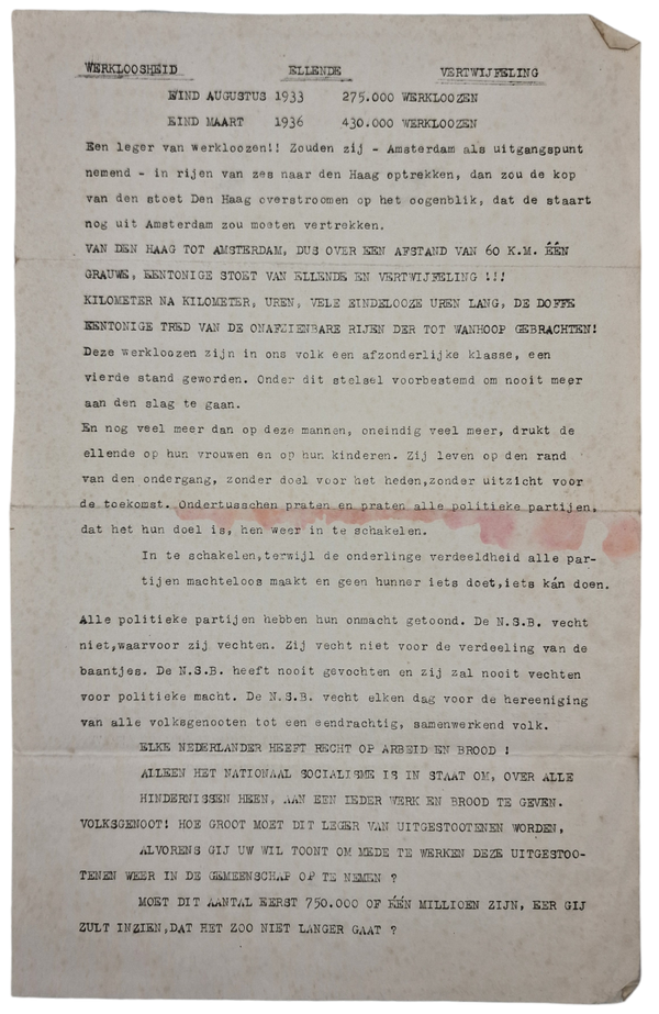 Original WW2 Dutch Collaboration NSB Document - Werkloosheid Ellende Vertwijfeling (1936)