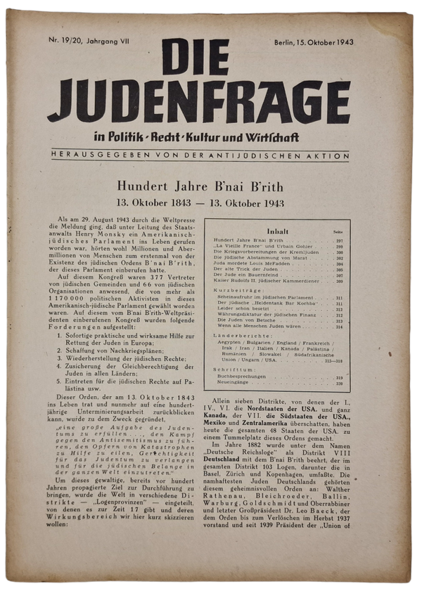 Original WW2 German Antisemitic Magazine - Die Judenfrage in Politik Recht Kultur und Wirtschaft, 7th Year No. 19/20 (1943)