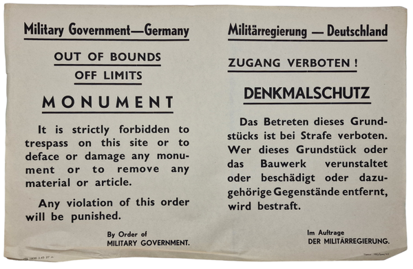 Original WW2 German Liberation Poster - Military Government notice preservation of monuments (1945)