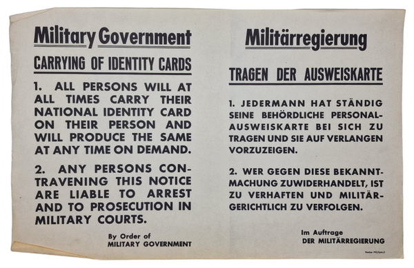 Original WW2 German Liberation Poster - Military Government notice Carrying of identity cards (1945)