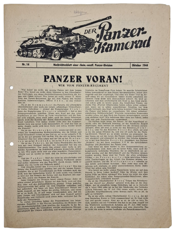 Original WW2 German Magazine - Der Panzer Kamerad No. 14, October (1944)