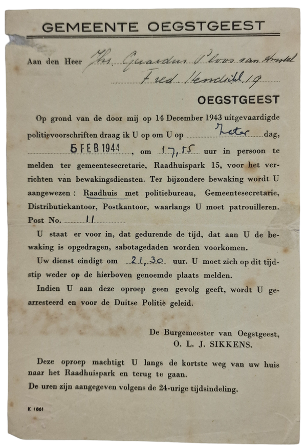 Original WW2 Dutch Document - Guard service Oegstgeest (1944)
