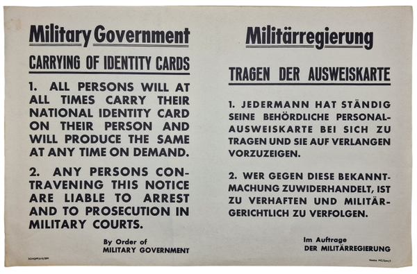 Original WW2 German Liberation Poster - Military Government notice Carrying of identity cards (1945)