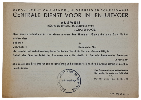 Original WW2 Dutch Document - Ausweis Centrale dienst voor in- en uitvoer, The Hague (1944)