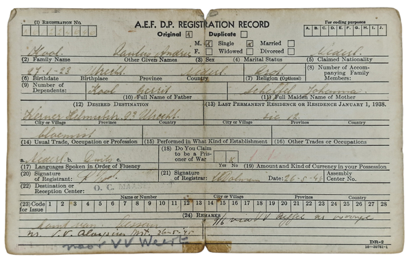 Original WW2 Dutch Document - A.E.F. Displaced Person Registration Record, Utrecht, Zuilen (1945)