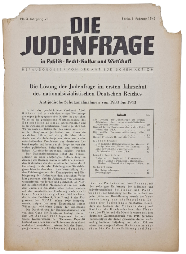 Original WW2 German Antisemitic Magazine - Die Judenfrage in Politik Recht Kultur und Wirtschaft, 7th Year No. 3 (1943)