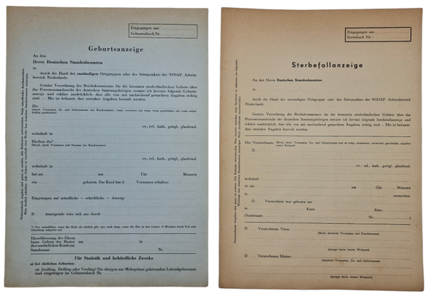 Original WW2 Dutch Collaboration Document - Birth and death certificate Stutzpunkt der NSDAP Arbeitsbereich Niederlande