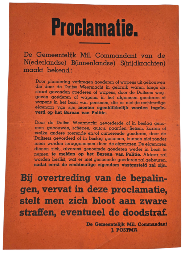 Original WW2 Dutch Liberation Poster - Liberation proclamation against the plundering of Wehrmacht materials, Harlingen (1945)