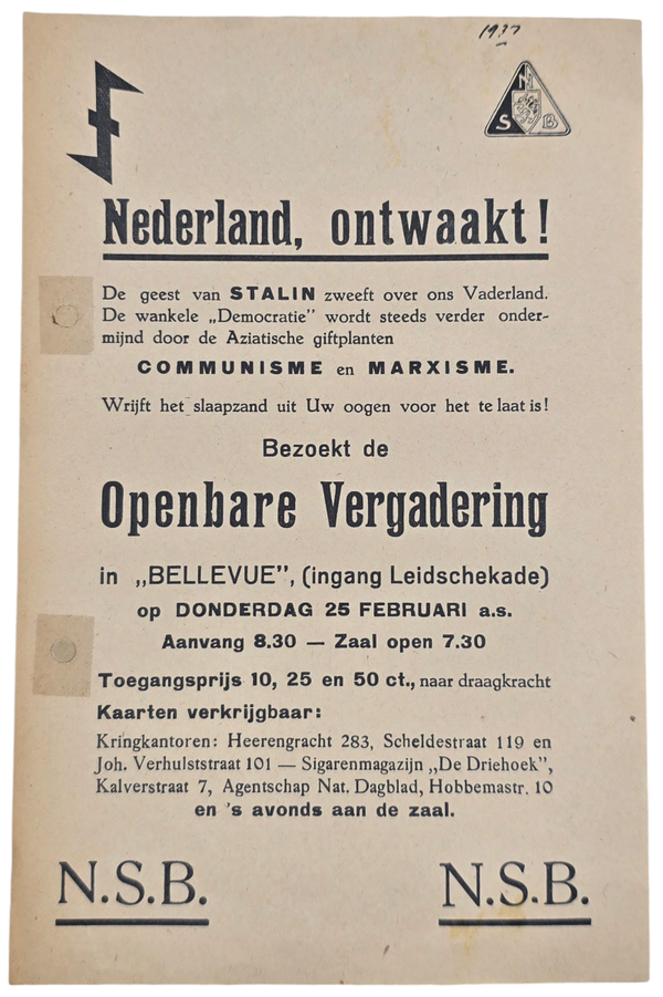Original WW2 Dutch Collaboration NSB Flyer - Nederland, ontwaakt! Public gathering Amsterdam (1937)