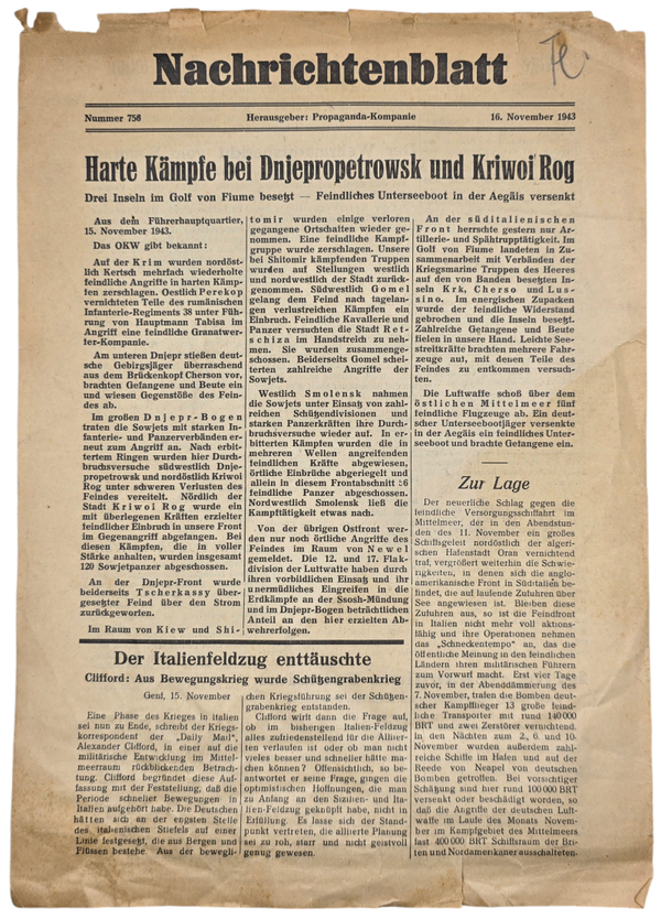 Original WW2 German Newspaper - Nachrichtenblatt Propaganda Kompanie 17007, No. 756, 16 November (1943)