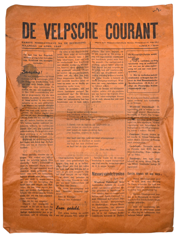 Original WW2 Dutch Liberation Newspaper - De Velpsche Courant emergency edition, 16th of April (1945)