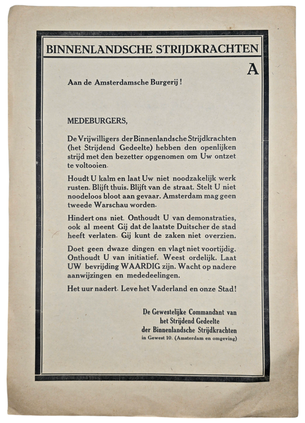 Original WW2 Dutch Liberation Poster - NBS Binnenlandse Strijdkrachten Amsterdam (1945)