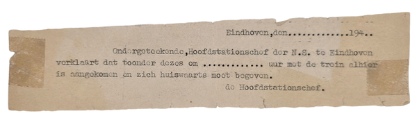 Original WW2 Dutch Document - Train ausweis, Eindhoven