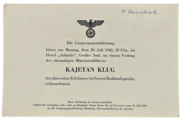 Original WW2 German Document - Hotel Atlantic Hamburg, Kajetan Klug (1942)