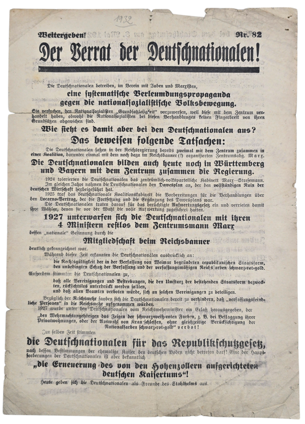Original WW2 German NSDAP Document - Election Flyer ''Nr. 82 Der Verrat der Deutschnationalen!'' (1932)