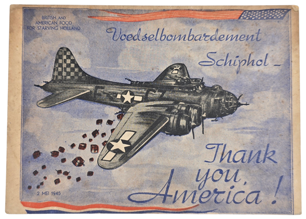 Original WW2 Dutch Liberation Postcard - Voedselbombardement Schiphol, thank you, America! (1945)