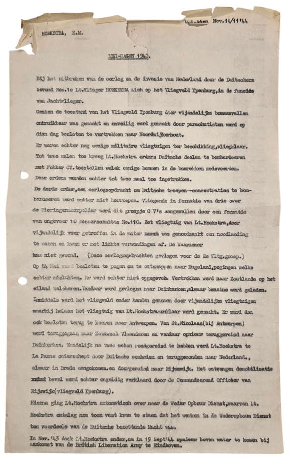 Original WW2 Dutch Document - Statement about LVA pilot E. M. Hoekstra, Leiden (1944)