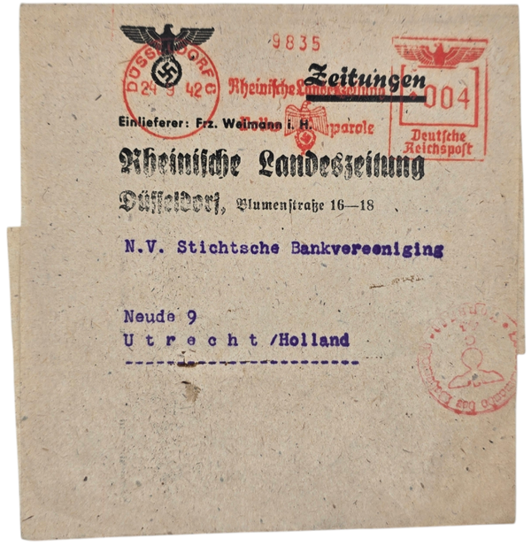 Original WW2 German Document - Address Wrapper Rheinische Landeszeitung Düsseldorf, Utrecht (1942)