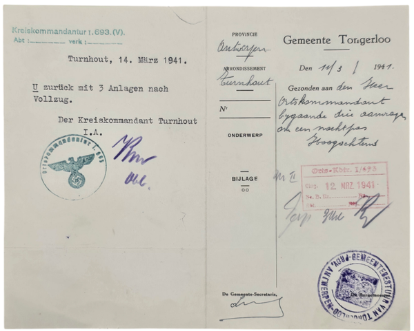 Original WW2 Belgian Document - Document Turnhout Tongerloo Kreiskommandantur I 693 (1941)