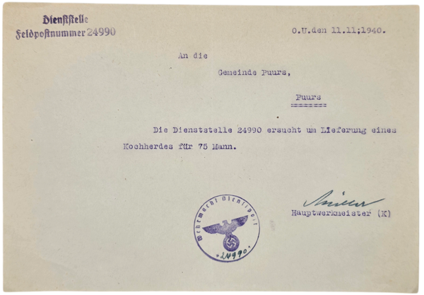 Original WW2 Belgian Document - Werkstatt-Zug Panzer-Abteilung 67 cooking stoves, Puurs (1940)