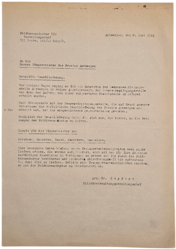 Original WW2 Belgian Document - Feldkommandantur 520 Antwerpen, order for Hay to Antwerpen (1944)