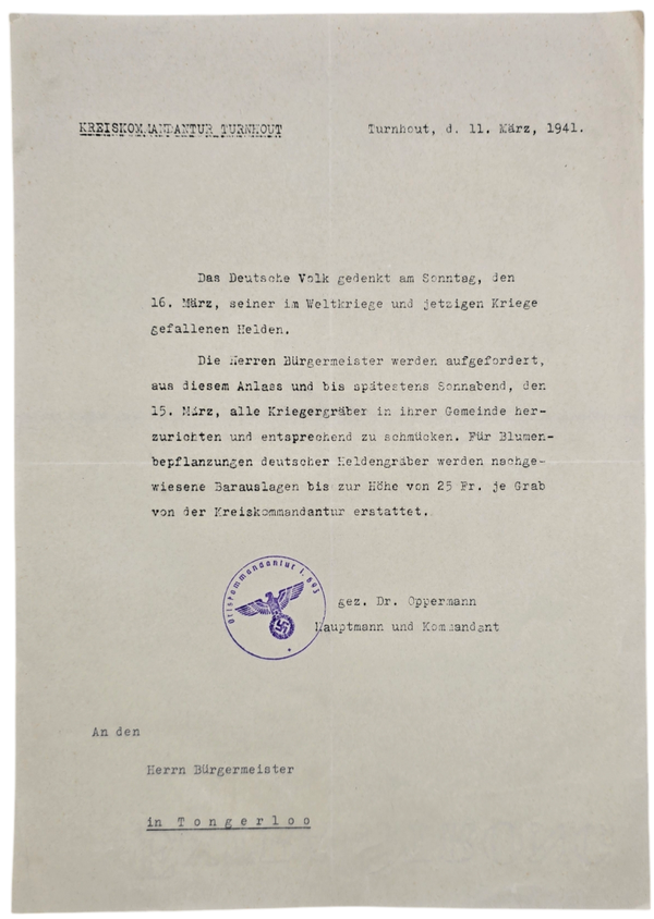 Original WW2 Belgian Document - Kreiskommandantur Turnhout remembering the fallen soldiers, Tongerloo (1941)