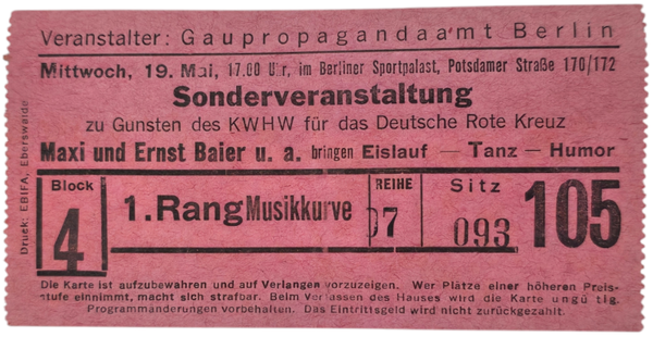 Original WW2 German Document - Maxi Herber and Ernst Baier entry ticket Sonderveranstaltung WHW Deutsche Rite Kreuz, Berlin