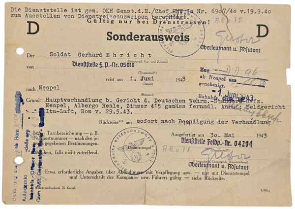Original WW2 German Document - Sonderausweis Napels, Rome, Italy (1943)