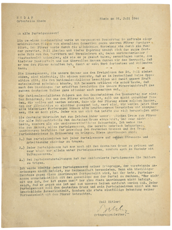 Original WW2 German Document - NSDAP propaganda letter about the attack on Adolf Hitler, Ortsstelle Rhede (1944)