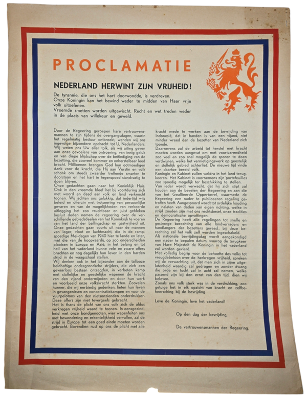 Original WW2 Dutch Liberation Poster - Proclamatie, Nederland herwint zijn vrijheid! (1945)