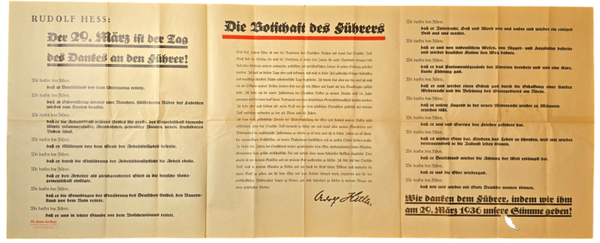 Original WW2 German NSDAP Poster - Die Parole der Woche ''Die Botschaft des Führers'', Rudolf Hess & Adolf Hitler (1936)